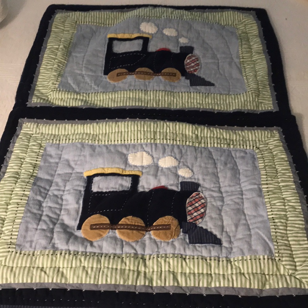 2 Pottery Barn Kids Appliqué Train Pillow  Shams Covers Blue Ticking Standard